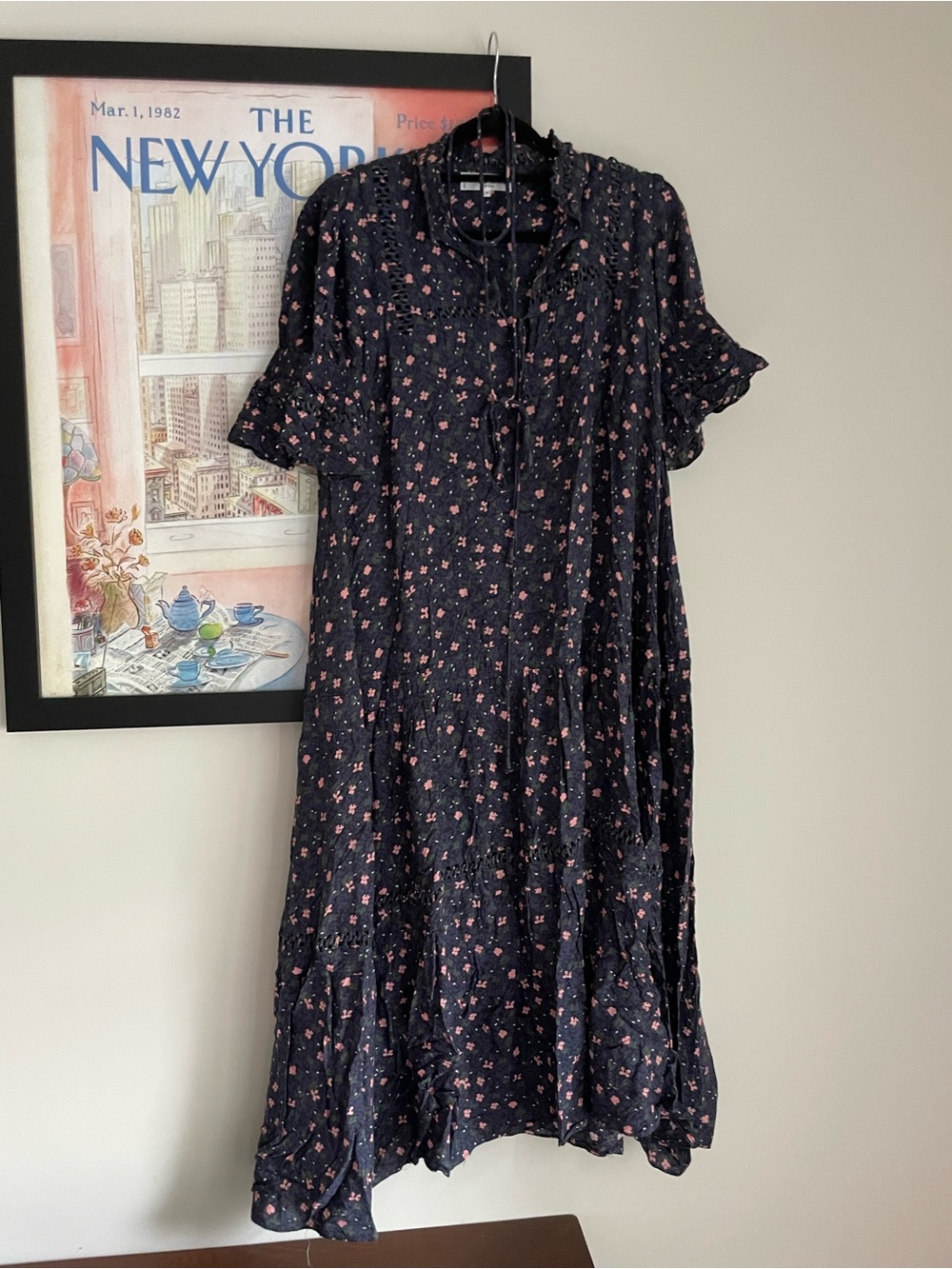 Apiece Apart Navy Floral Tie-Neck Midi Dress